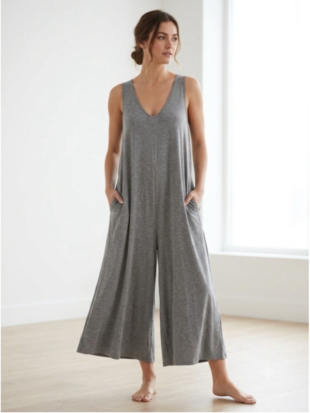 Natural Life Wide Leg Knit Boho Jumpsuit One Size Gray Lounge Pockets Relaxed